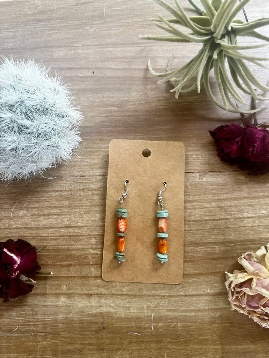 Orange spiny and green turquoise simple dangle earrings