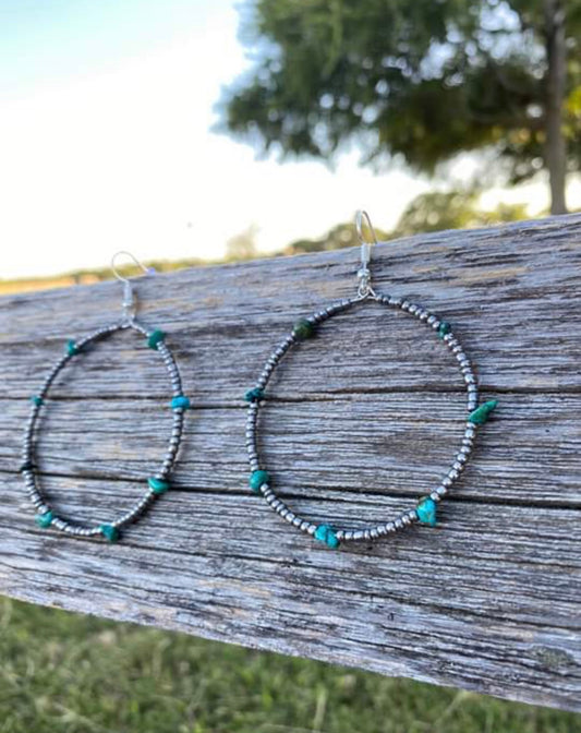 Silver seed beads and natural turquoise hoop