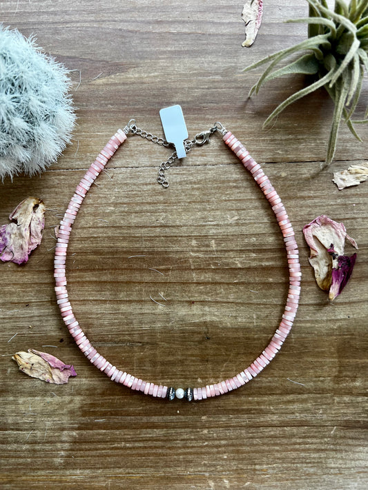 Pink shell choker with PINK fresh water pearl and Navajo
