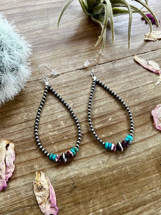 3 mm teardrop earrings Sterling Silver Pearls with turquoise and purple spiny