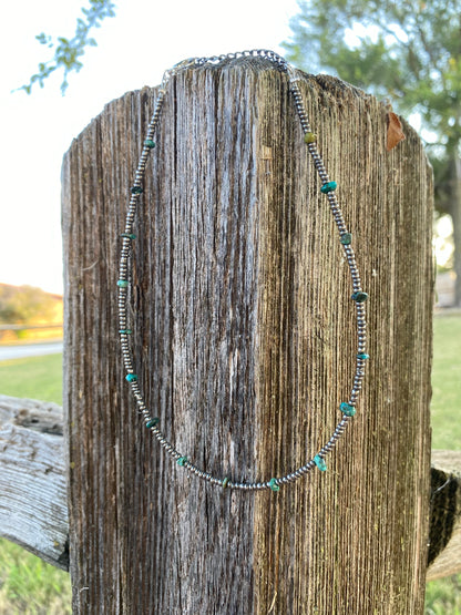 Natural turquoise choker with silver seed beads