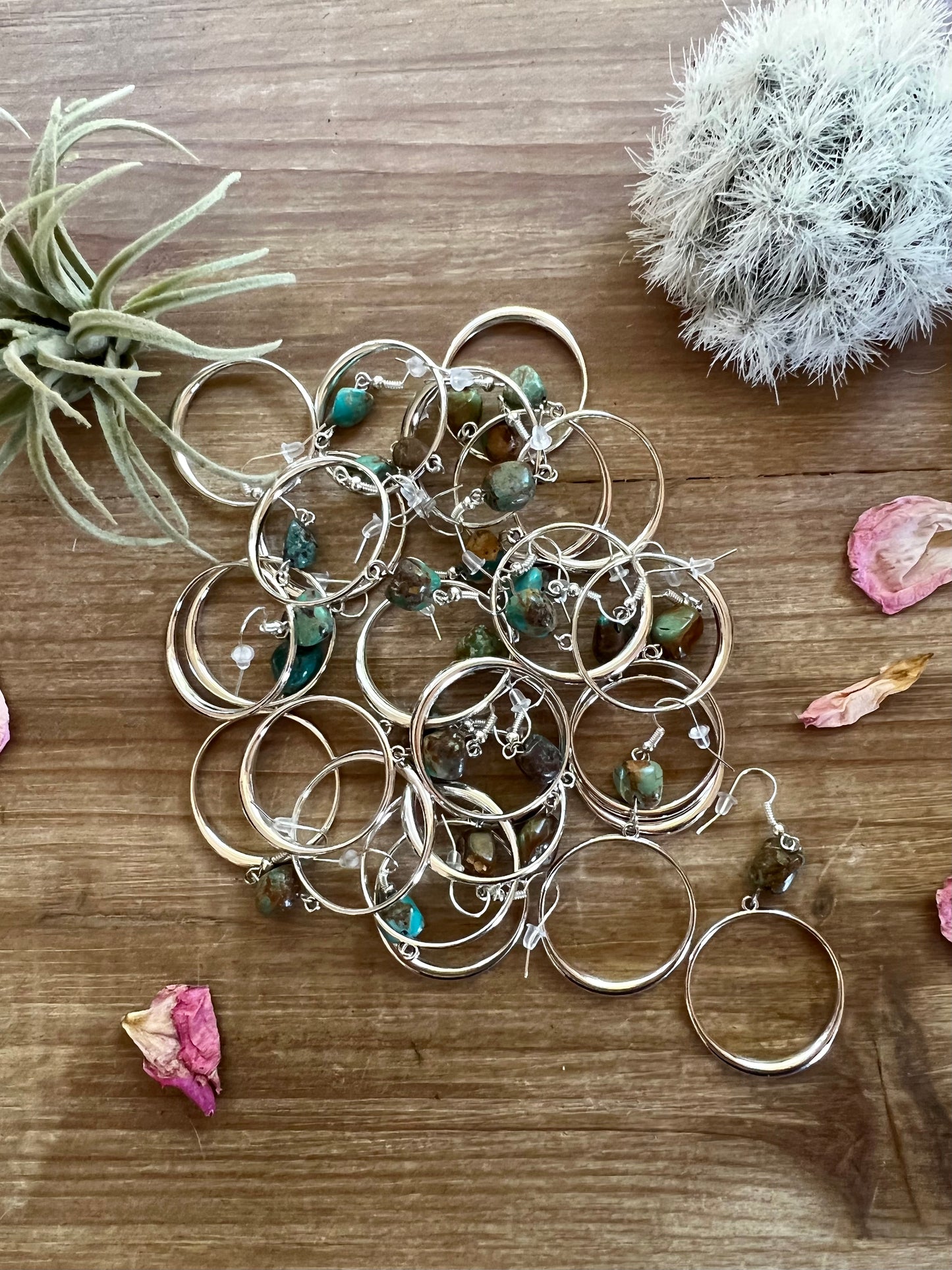 Turquoise stone and silver mini hoop