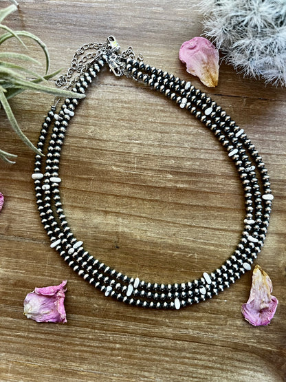 White Buffalo and 4 mm Sterling Silver Pearls Choker
